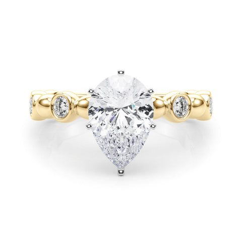 Yellow gold Pear Solitaire Bezel-Set Diamond Ring with Beaded Band and Four-Prong Setting