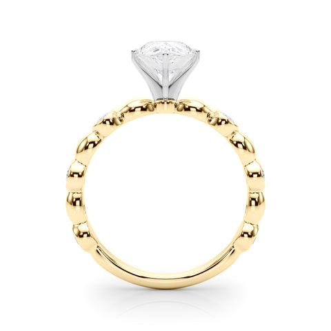 Yellow gold Pear Solitaire Bezel-Set Diamond Ring with Beaded Band and Four-Prong Setting