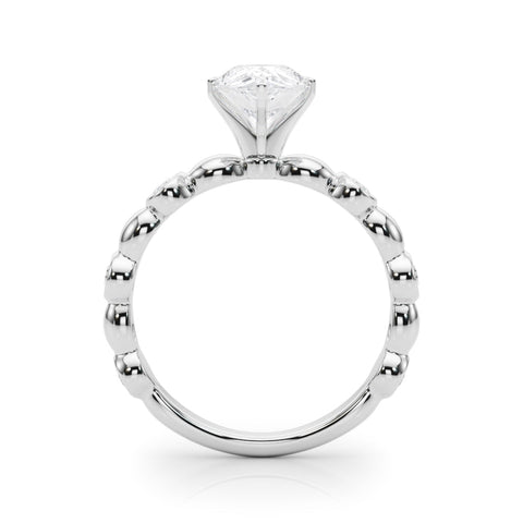 White gold Pear Solitaire Bezel-Set Diamond Ring with Beaded Band and Four-Prong Setting