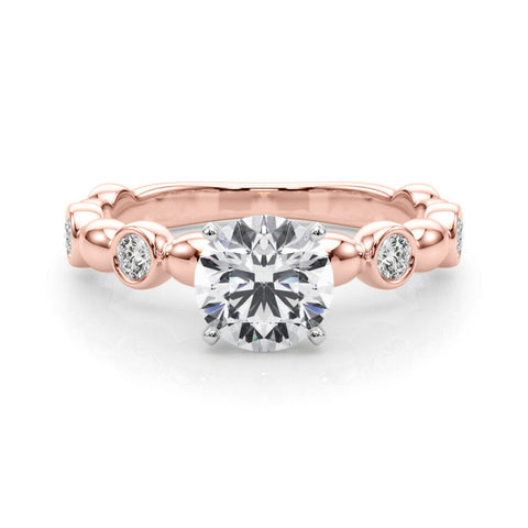 Rose gold Heart Solitaire Bezel-Set Diamond Ring with Beaded Band and Four-Prong Setting