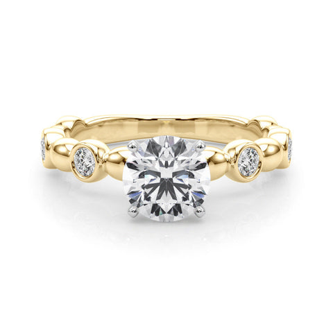Yellow gold Round Solitaire Bezel-Set Diamond Ring with Beaded Band and Four-Prong Setting