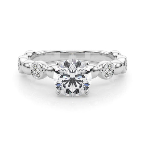 White gold Heart Solitaire Bezel-Set Diamond Ring with Beaded Band and Four-Prong Setting