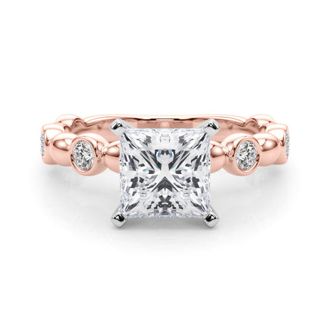 Rose gold Princess Solitaire Bezel-Set Diamond Ring with Beaded Band and Four-Prong Setting
