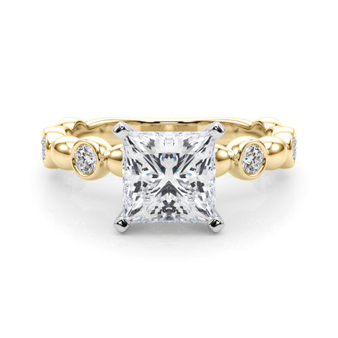 Yellow gold Princess Solitaire Bezel-Set Diamond Ring with Beaded Band and Four-Prong Setting