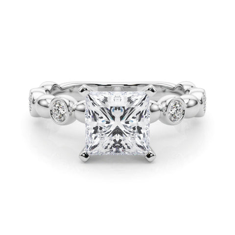 White gold Princess Solitaire Bezel-Set Diamond Ring with Beaded Band and Four-Prong Setting
