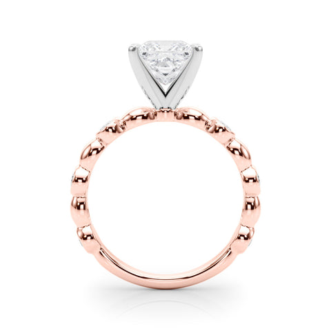 Rose gold Princess Solitaire Bezel-Set Diamond Ring with Beaded Band and Four-Prong Setting
