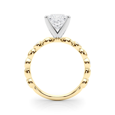 Yellow gold Princess Solitaire Bezel-Set Diamond Ring with Beaded Band and Four-Prong Setting