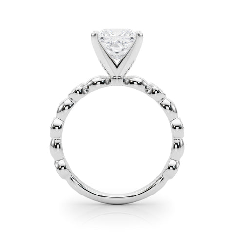 White gold Princess Solitaire Bezel-Set Diamond Ring with Beaded Band and Four-Prong Setting