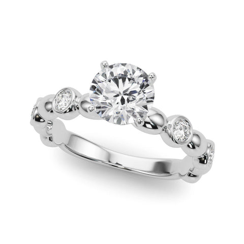 White gold Heart Solitaire Bezel-Set Diamond Ring with Beaded Band and Four-Prong Setting