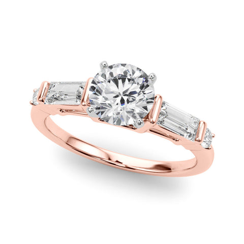 Rose gold Round Cut Diamond Ring with Baguette Side Stones, Channel Set Band, and Four-Prong Setting