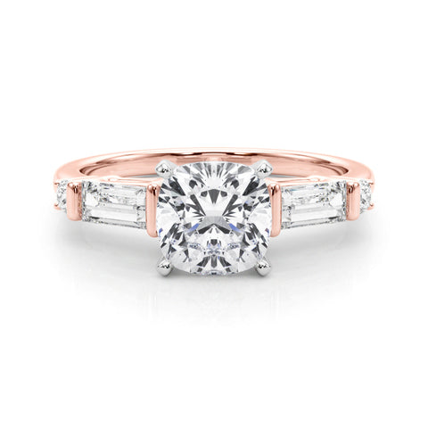 Rose gold Cushion Cut Diamond Ring with Baguette Side Stones, Channel Set Band, and Four-Prong Setting