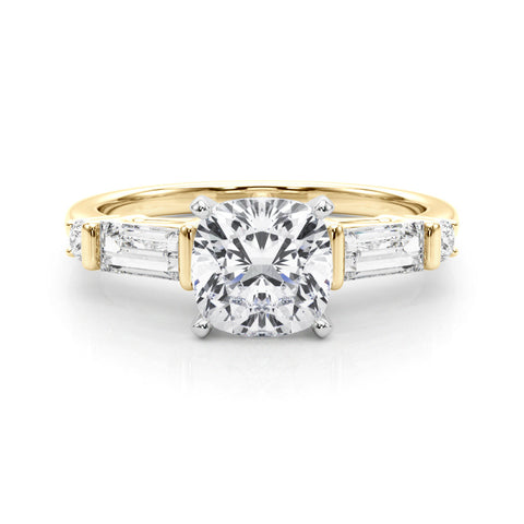 Yellow gold Cushion Cut Diamond Ring with Baguette Side Stones, Channel Set Band, and Four-Prong Setting
