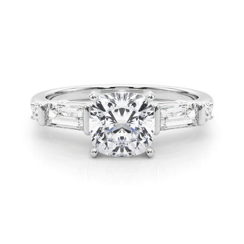 White gold Cushion Cut Diamond Ring with Baguette Side Stones, Channel Set Band, and Four-Prong Setting