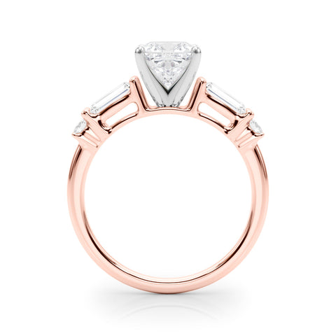 Rose gold Cushion Cut Diamond Ring with Baguette Side Stones, Channel Set Band, and Four-Prong Setting