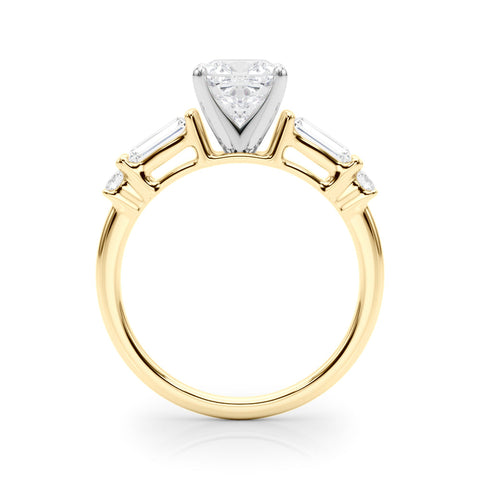 Yellow gold Cushion Cut Diamond Ring with Baguette Side Stones, Channel Set Band, and Four-Prong Setting