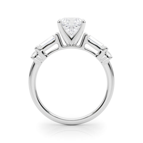 Platinum Cushion Cut Diamond Ring with Baguette Side Stones, Channel Set Band, and Four-Prong Setting