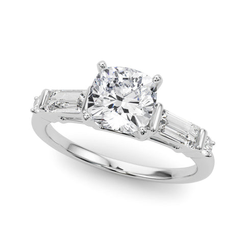 White gold Cushion Cut Diamond Ring with Baguette Side Stones, Channel Set Band, and Four-Prong Setting