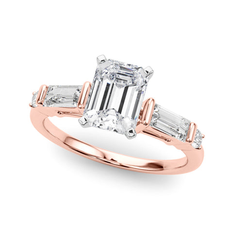 Rose gold Radiant Cut Diamond Ring with Baguette Side Stones, Channel Set Band, and Four-Prong Setting