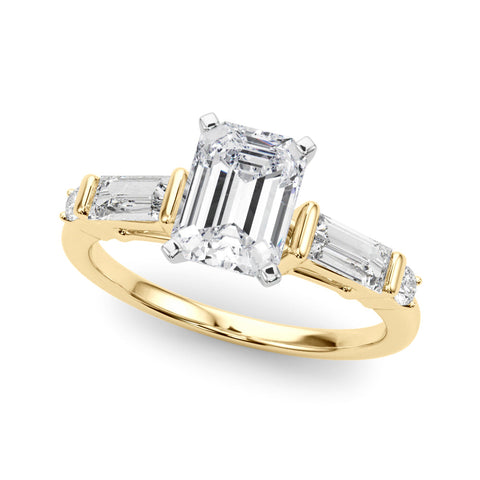 Yellow gold Radiant Cut Diamond Ring with Baguette Side Stones, Channel Set Band, and Four-Prong Setting