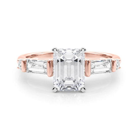 Rose gold Radiant Cut Diamond Ring with Baguette Side Stones, Channel Set Band, and Four-Prong Setting