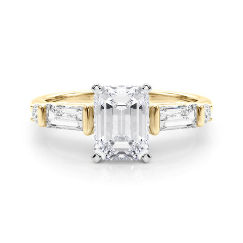 Yellow gold Radiant Cut Diamond Ring with Baguette Side Stones, Channel Set Band, and Four-Prong Setting