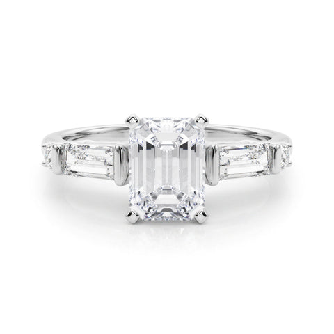 White gold Radiant Cut Diamond Ring with Baguette Side Stones, Channel Set Band, and Four-Prong Setting