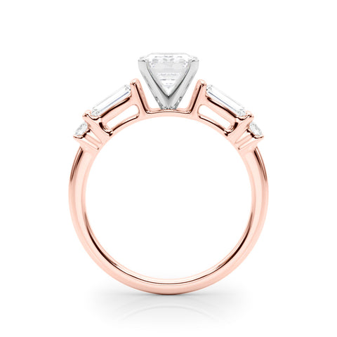 Rose gold Radiant Cut Diamond Ring with Baguette Side Stones, Channel Set Band, and Four-Prong Setting