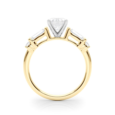 Yellow gold Radiant Cut Diamond Ring with Baguette Side Stones, Channel Set Band, and Four-Prong Setting