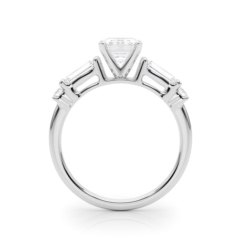White gold Radiant Cut Diamond Ring with Baguette Side Stones, Channel Set Band, and Four-Prong Setting