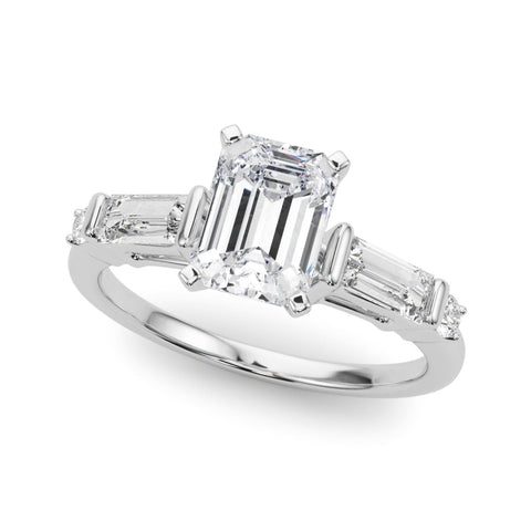 Platinum Emerald Cut Diamond Ring with Baguette Side Stones, Channel Set Band, and Four-Prong Setting
