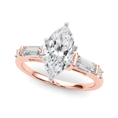 Rose gold Marquise Cut Diamond Ring with Baguette Side Stones, Channel Set Band, and Four-Prong Setting