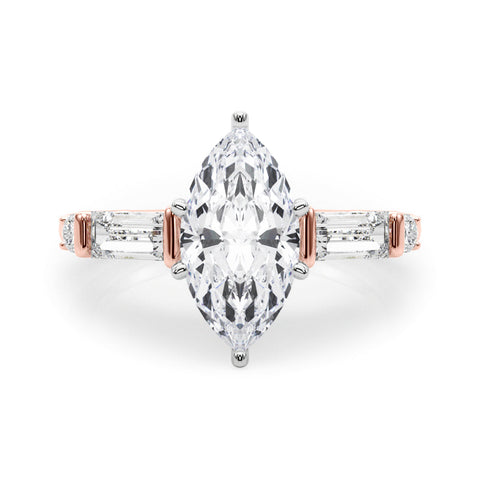 Rose gold Marquise Cut Diamond Ring with Baguette Side Stones, Channel Set Band, and Four-Prong Setting