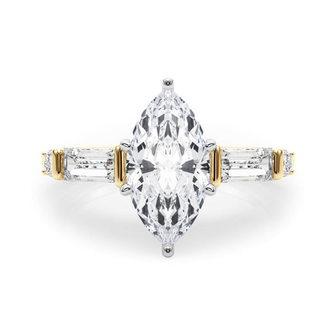 Yellow gold Marquise Cut Diamond Ring with Baguette Side Stones, Channel Set Band, and Four-Prong Setting
