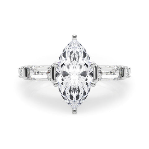 White gold Marquise Cut Diamond Ring with Baguette Side Stones, Channel Set Band, and Four-Prong Setting