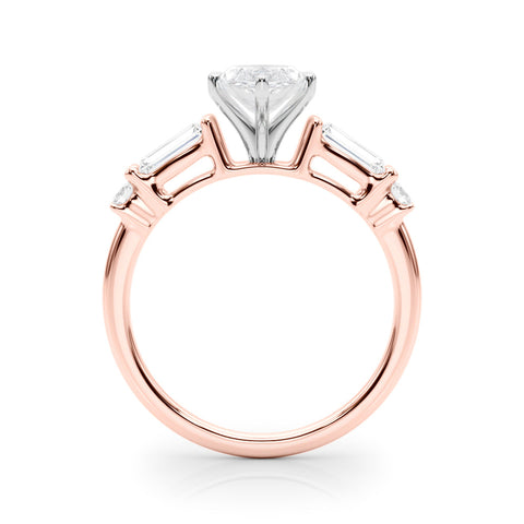 Rose gold Marquise Cut Diamond Ring with Baguette Side Stones, Channel Set Band, and Four-Prong Setting