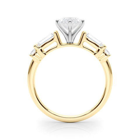 Yellow gold Marquise Cut Diamond Ring with Baguette Side Stones, Channel Set Band, and Four-Prong Setting