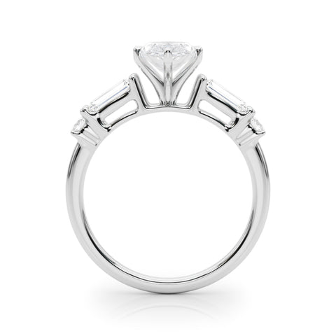 White gold Marquise Cut Diamond Ring with Baguette Side Stones, Channel Set Band, and Four-Prong Setting