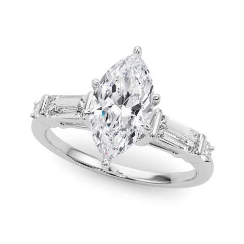 White gold Marquise Cut Diamond Ring with Baguette Side Stones, Channel Set Band, and Four-Prong Setting