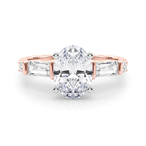 Rose gold Oval Cut Diamond Ring with Baguette Side Stones, Channel Set Band, and Four-Prong Setting