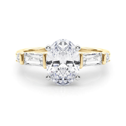 Yellow gold Oval Cut Diamond Ring with Baguette Side Stones, Channel Set Band, and Four-Prong Setting