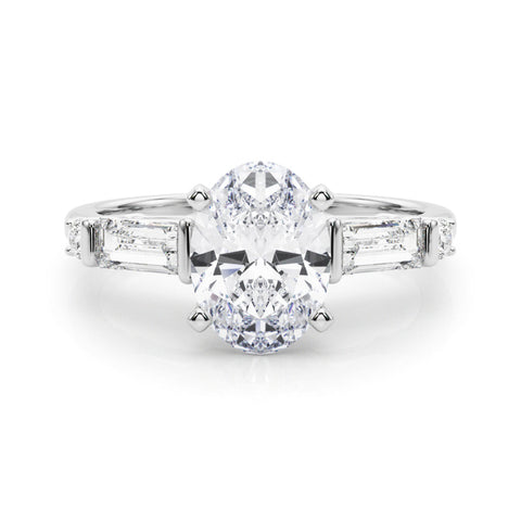 Platinum Oval Cut Diamond Ring with Baguette Side Stones, Channel Set Band, and Four-Prong Setting