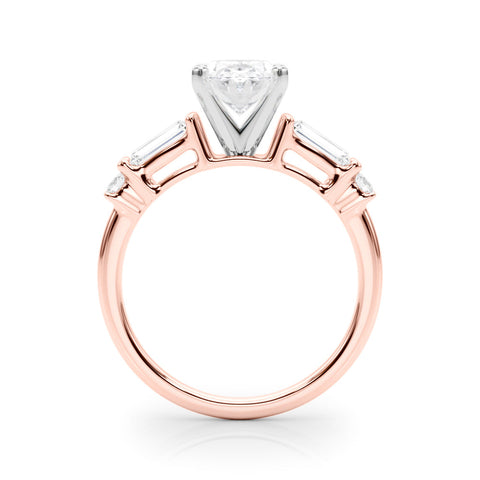 Rose gold Oval Cut Diamond Ring with Baguette Side Stones, Channel Set Band, and Four-Prong Setting