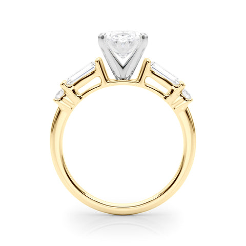 Yellow gold Oval Cut Diamond Ring with Baguette Side Stones, Channel Set Band, and Four-Prong Setting