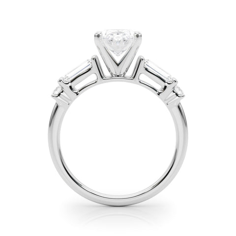 White gold Oval Cut Diamond Ring with Baguette Side Stones, Channel Set Band, and Four-Prong Setting