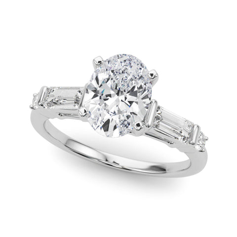 White gold Oval Cut Diamond Ring with Baguette Side Stones, Channel Set Band, and Four-Prong Setting