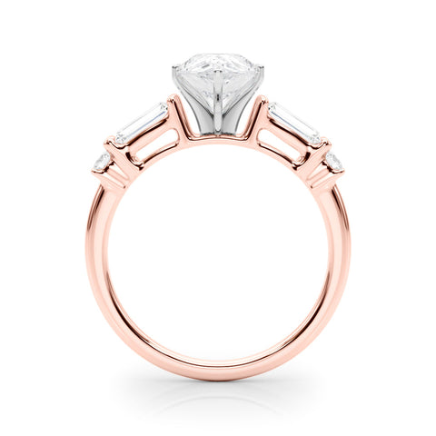 Rose gold Pear Cut Diamond Ring with Baguette Side Stones, Channel Set Band, and Four-Prong Setting