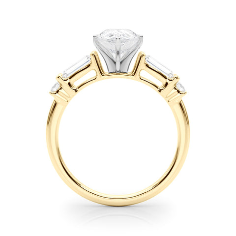 Yellow gold Pear Cut Diamond Ring with Baguette Side Stones, Channel Set Band, and Four-Prong Setting
