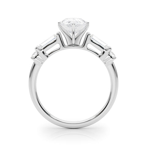 White gold Pear Cut Diamond Ring with Baguette Side Stones, Channel Set Band, and Four-Prong Setting