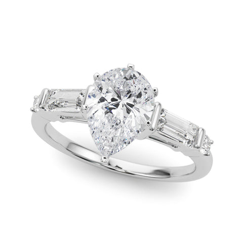 Platinum Pear Cut Diamond Ring with Baguette Side Stones, Channel Set Band, and Four-Prong Setting