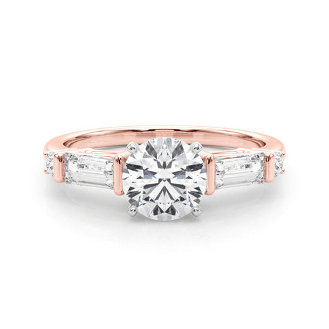 Rose gold Round Cut Diamond Ring with Baguette Side Stones, Channel Set Band, and Four-Prong Setting